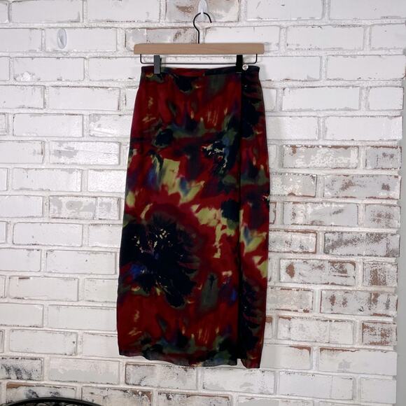 Liz Claiborne Petite Color Bleed Green Pink Black Tie Dye Wrap Midi Skirt Size 2 - Picture 1 of 11